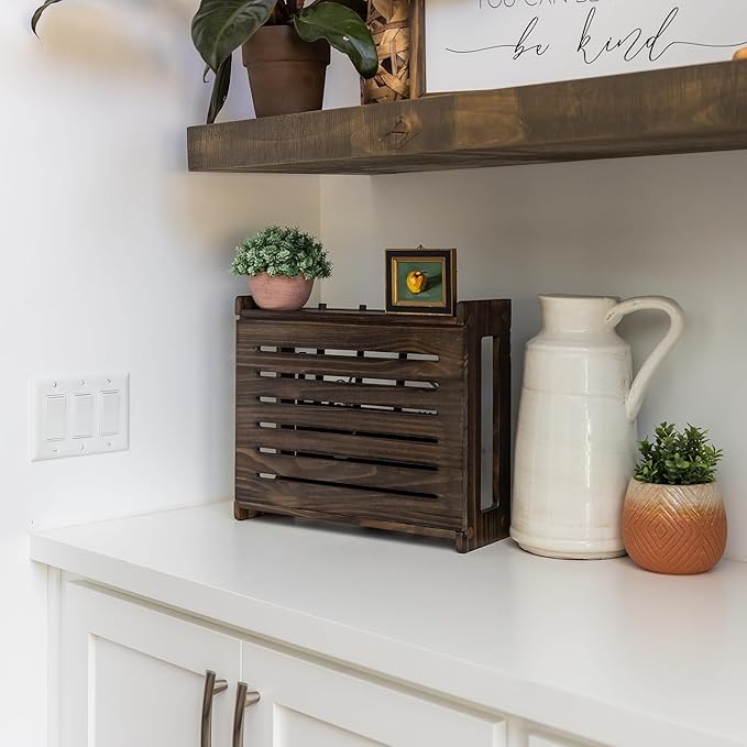 Wooden WiFi Router Storage Box - Standard Wall Mountable Decorative Modem Shelf Hider Cover with Cable Management System - Home Organization Solution for Routers Up to 11" Tall - Espresso Brown