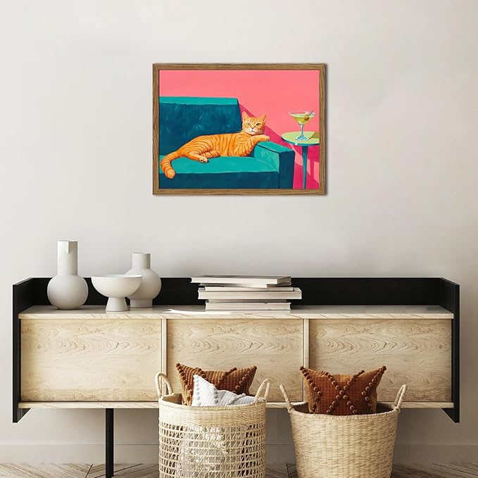 Funny Cat Wall Art Orange Cat With Martini Wall Decor Painting Whimsical Animal Cocktail Bar Cart Poster Canvas Prints Quirky Pet Lover Picture for Bedroom Living Room Wood Framed 12x16 inch