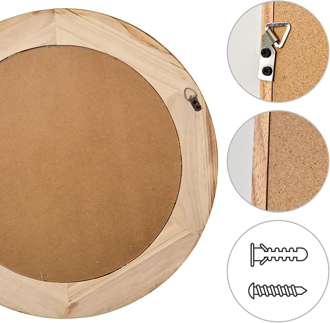sawsile Round Wood Mirror 24" Natural Circle Wooden Nursery Farmhouse Rustic Decorative Large Wall Mirror for Bathroom,Living Room, Fireplace,Hallway