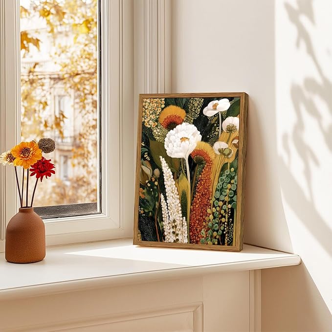 Framed Vintage Floral Canvas Wall Art, Abstract Flower Pictures Wall Decor, Boho Wildflower Botanical Paintings Prints Mid Century Modern Home Decor Aesthetic for Living Room Bedroom 12x16 inch