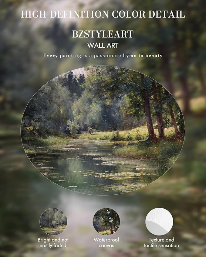 Bzstyleart Vintage Wall Art Decor for Office, Vintage Gold Framed Landscape Wall Art, Forest Riverside Painting, Room Decor Aesthetic for Living Room, 12 x 16 Inch