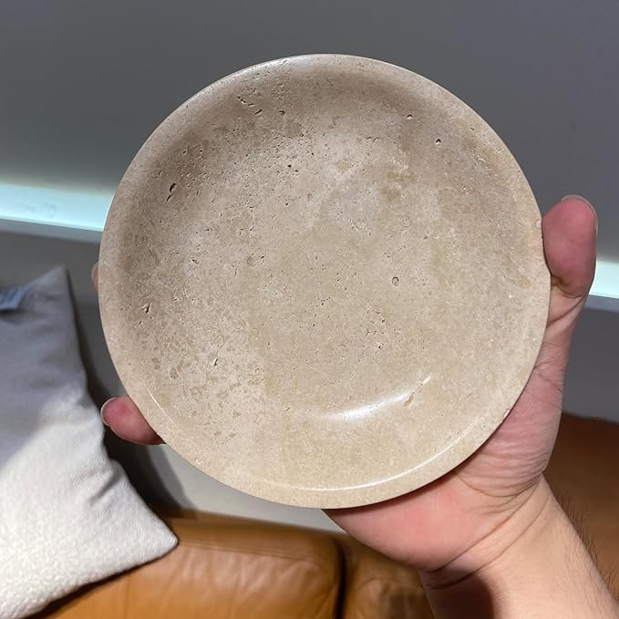 5.9" Round Travertine Ring Dish Jewelry Tray, Marble Trinket Dish Tray, Nightstand Decor, Coaster, Soap Dish, Sponge Holder for Bathroom, Beige