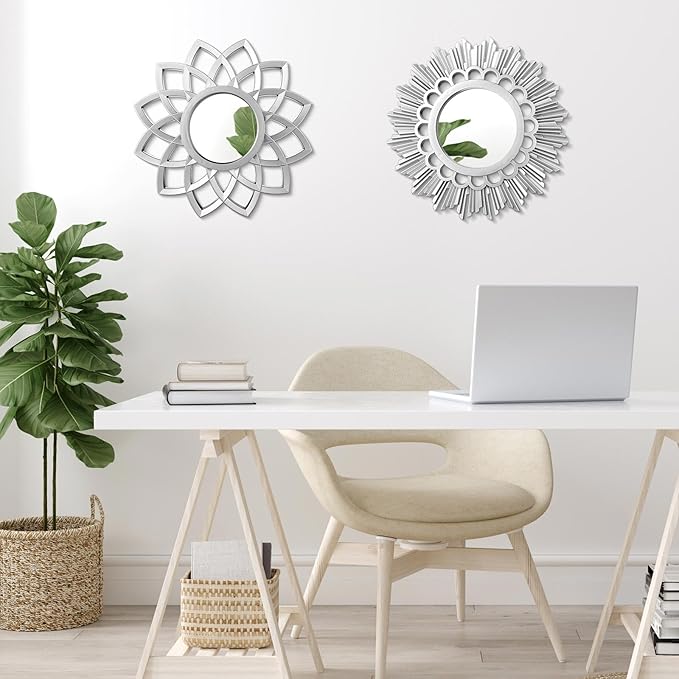 Dandat Set of 4 Gold Mirrors for Wall Decor Small Circle Flowers Mirrors Decorative Silvery Hanging Wall Art Flowers Mirror for Home Living Dinning Room Bedroom Bathroom Boho Art Gifts (Silvery)