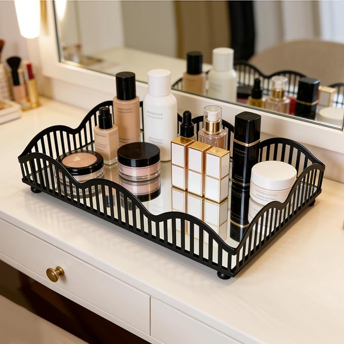 Black Metal Decorative Tray with Mirror Base - Square Multi-Purpose Tray for Bathroom, Living Room, Hallway and Kitchen (8.4”X5.8”X2”)