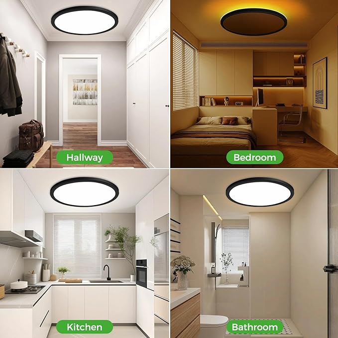 zemty 23 Inch LED Ceiling Light with Night Light 1800K, 50W 5000lm 3000K/4000K/6500K Dimmable Light Fixtures with Remote Control, Low Profile Ceiling Lamp for Bedroom LivingRoom Bathroom Kitchen-Black