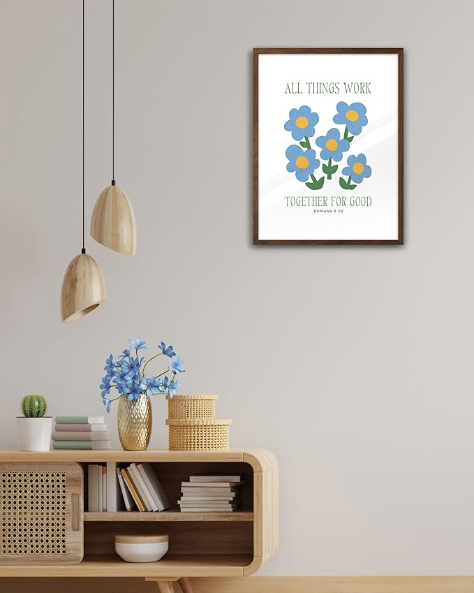 EcoHest Walnut Color OAK Wood God Framed Wall Art, 12x16in Romans 8:28 All Things Work Bible Verse Christian Wall Art, Modern Blue Flower Bedroom Decor For Living Room Bathroom Christian Gift 1Pack