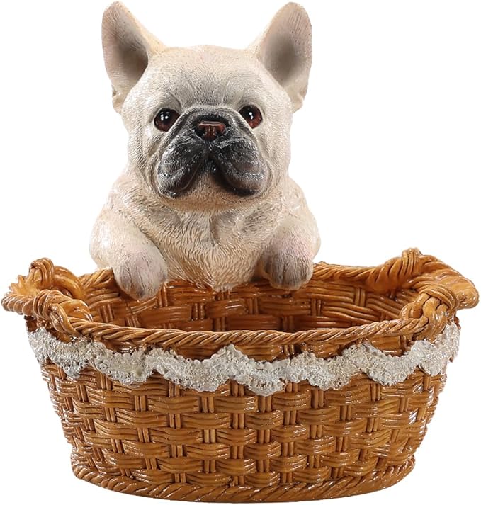 Cute French Bulldog Candy Bowl, Resin Dog Figurine Key Bowl for Entryway Table, Desktop Storage Basket Organizer for Desk, Unique Dog Lover Gift