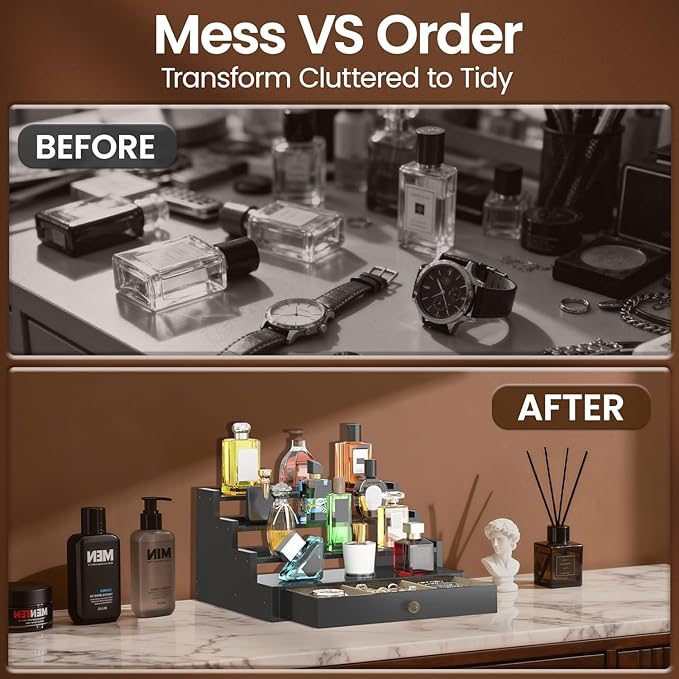 MODOWEY Perfume Organizer Cologne Holder Stand for Men, Wooden Wide-Spaced Shelf with Drawer, 4 Tier Large Capacity Storage Rack for Dresser Countertop, for a Neat, Accessible Fragrance Display, Black