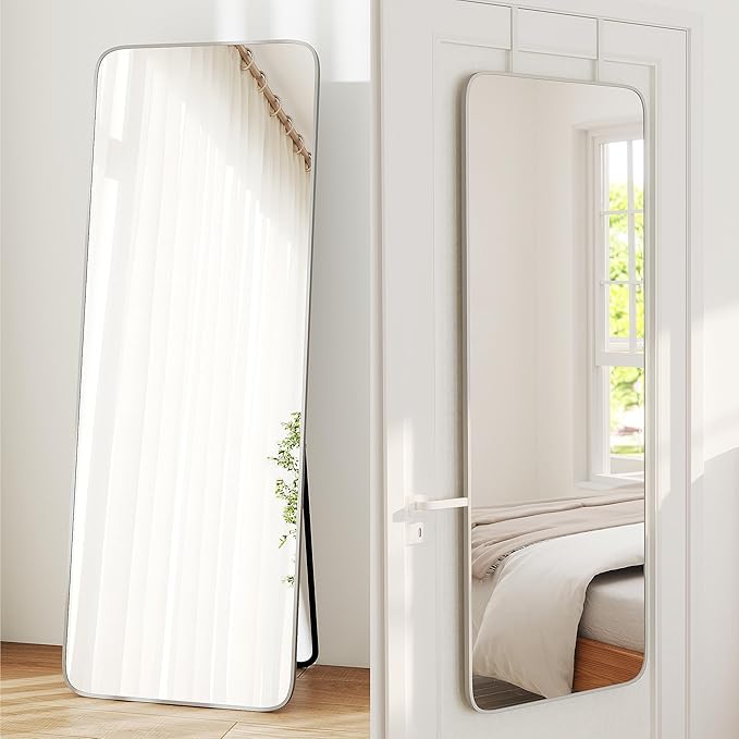 NARCISSUS 57x20 Mirror Door Hanging Full Length Body with Floor Stand or Wall Mounted Metal Aluminum Frame Tempered Glass Rectangle Mirrors for Bedroom Dressing Living Room Bathroom 57 inch Silver