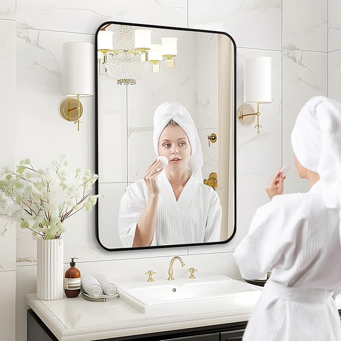 Fabuday Black Bathroom Mirror for Over Sink - 20x30 Matte Metal Framed Wall Mirror, Rounded Rectangular Vanity Mirrors for Living Room, Bedroom, Entryway, Hallway, Horizontally/Vertically