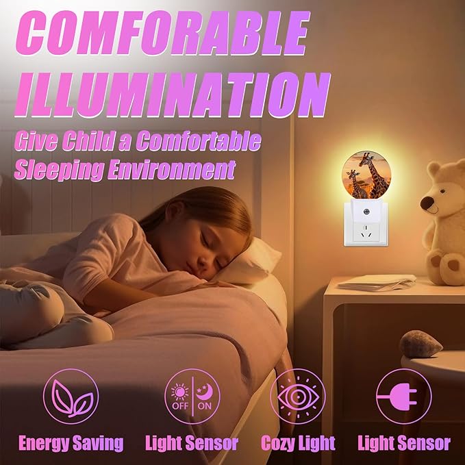 Funny Giraffe Night Light African Animal Night Lights LED Lamp Round Plug into Wall Nightlight with Dusk to Dawn Sensor Home Hallway Stairway Kitchen Decor