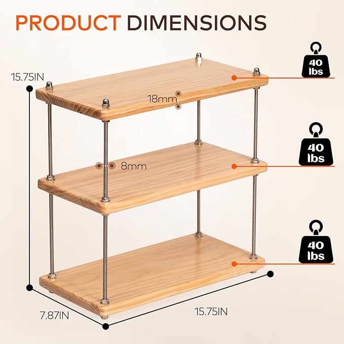Solid Wood Coffee Station Organizer for Kitchen Countertop, Corner 3 Tier Adjustable Wooden Shelf with 304 Threaded Rod for Coffee Bar Accessories, Vintage Storage Caddy for Home, Cafes, Natural