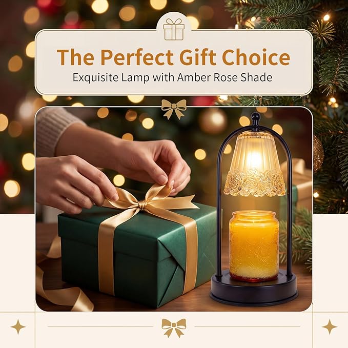 Vintage Rose Candle Warmer Lamp with Timer & Dimmer - Portable Iron Base, Amber Glass Shade, 2 Bulbs Included - Electric Wax Melter for Home Decor (Rose)