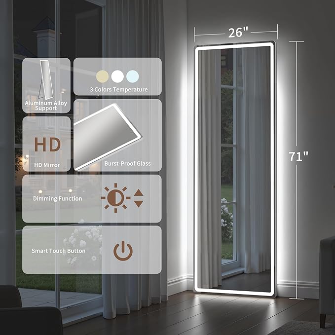 Full Length Mirror with Lights, 71" x 26" LED Floor Mirror, Full Body Dressing Standing Mirrors with Dimming & 3 Color Lighting, Hanging Mounted Mirrors for Living Room Bedroom Cloakroom