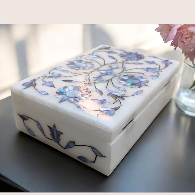 Marble Jewelry Box with Floral Mother of Pearl Inlay 6x4"inch – Handmade Marble Keepsake Organizer for Jewelry & Makeup, Decorative Trinket Box, Ideal Anniversary & Housewarming Gift for Women