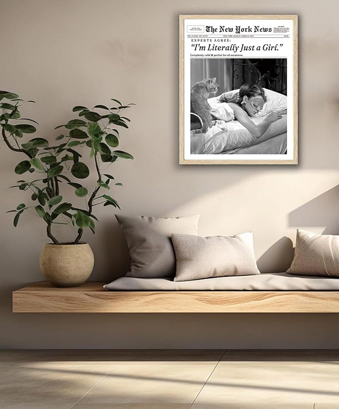 Bwodke OAK Wood Framed Wall Art Audrey Hepburn Magazine Canvas Art I‘m Literally Just a Girl Pictures Wall Decor Trendy Prints Vintage Newspaper Artwork for Girly Dorm Bedroom 16"x20"