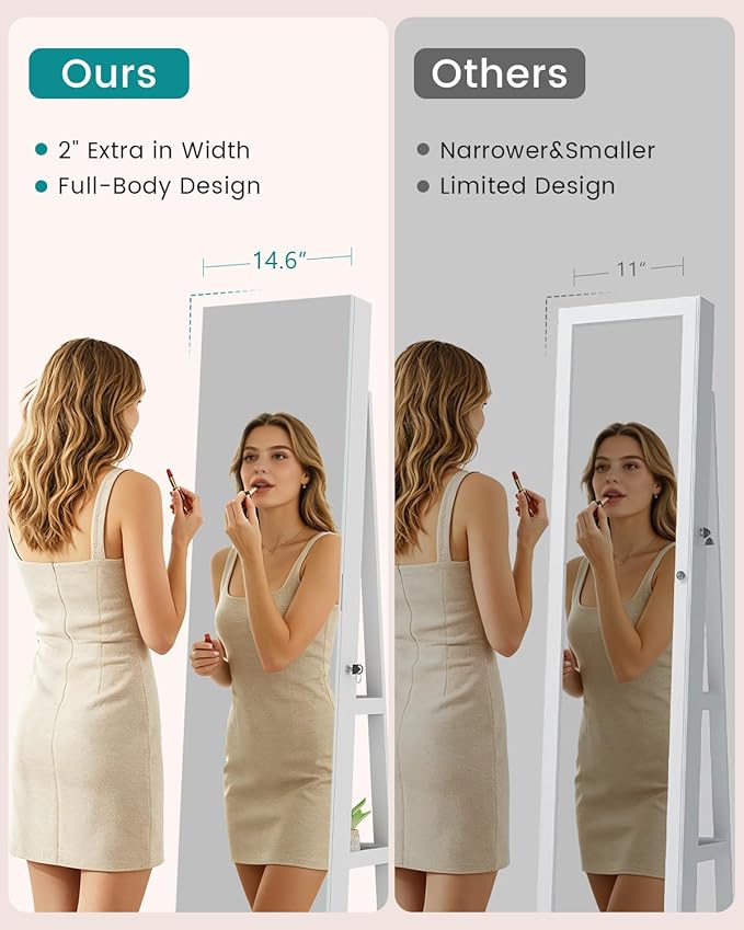 Vlsrka 360° Swivel Mirror Jewelry Cabinet, Large Jewelry Armoire Cabinet Standing, Lockable Full Length Mirror with Storage, 3 LED Lights, Foldable Makeup Shelf, Beige Velvet, White