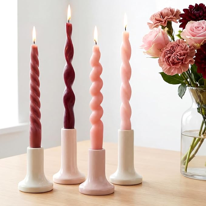 Nuanchu 4 Pcs Twisted Taper Candles Wax Unscented Smokeless Spiral Swirl Candlesticks for Wedding Holiday Dinner Party Home Decorations(7.87 Inch,Pure,Purple)
