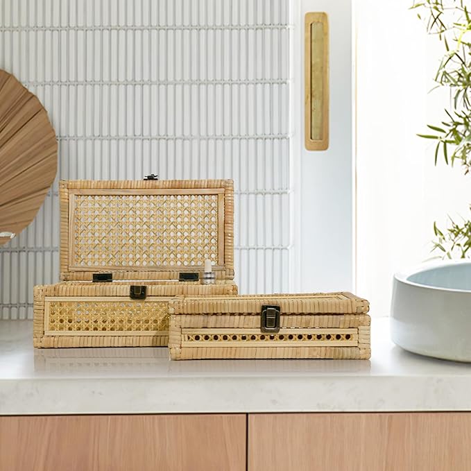Boho Rattan Display Boxes with Rattan Lids, 3 Pcs Large Natural Handwoven Cane Basket, Home Decor Organizers Storage Bins, Natural Finish Display Boxes
