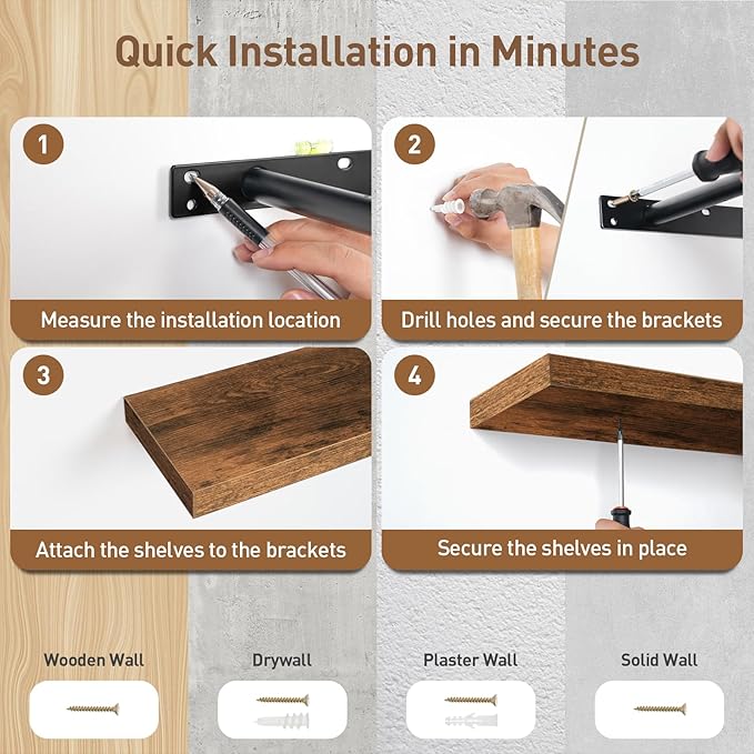 RALGEND Floating Shelves for Wall, 39.4" Long Wall Shelf Set of 3 with Invisible Bracket, 1.5" Thick Hanging Shelves Farmhouse Home Decor for Bathroom, Living Room, Bedroom Rustic Brown 10301BJP3BF