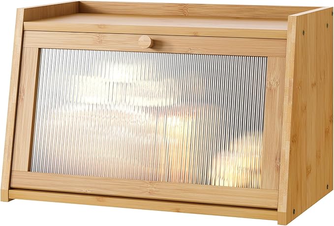 kiplant Bread Box for Kitchen Counter, Large Bamboo Bread Storage Container with Wavy Arcylic Door, Bamboo Wooden Farmhouse Bread Box for Your House (Natural, Medium)