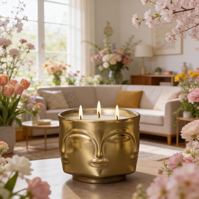 Viyffo 3 Wick Large 20oz Decorative Gold Scented Candle – Vanilla Dreamscape & Spring Spice, Non Toxic Soy Candle in Matte Ceramic Jar, Luxury Home Fragrance, Elegant Spring Décor & Unique Gift