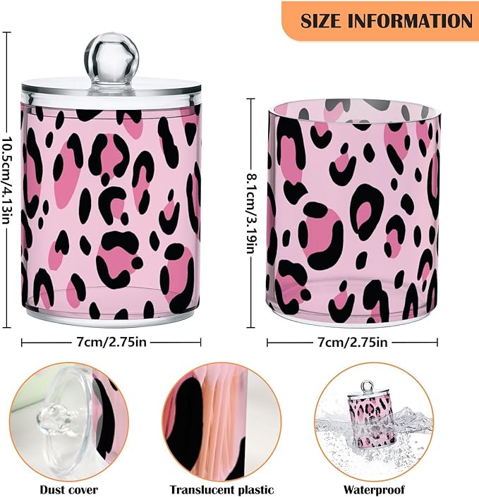 4 Pack Qtip Holder Dispenser Pink Leopard Print Cheetah Cotton Ball Swab Round Pads Floss Clear Bathroom Storage Containers Plastic Apothecary Jars with Lids