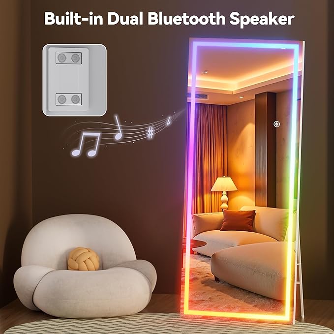 Hasipu 71"x31" LED RGB Bluetooth Full Length Mirror with Lights, Full Body Mirror with Stand, Wall Mount & Free Standing Floor Mirror for Bedroom Living Room Cloakroom, 7 Color & Brightness Adjustable