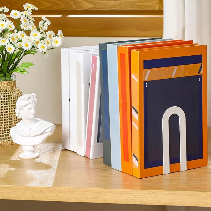 Chunful 12 Pcs White Metal Book Ends for Shelves Modern Bookends Decorative Small Bookends Shelf Organizer Minimalist Design Stopper to Hold Books for Home Office (5.5 * 3.75 * 2.25inch)