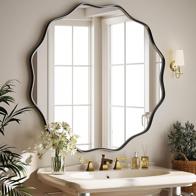 Round Wavy Mirror 42 Inch Bathroom Vanity Mirror Metal Frame Circle Wall Mounted Mirror for Bedroom Living Room Entryway Black