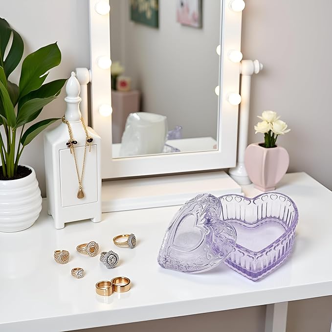 Glass Jewelry Box Heart Shape Cute Box for Storage Ring Earring Trinket Vintage Jewelry Organizer Decorative Gift for Women Girls-GRB003-Purple