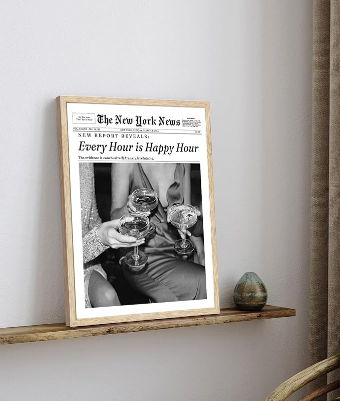 Bwodke OAK Wood Framed Wall Art Every Hour Is Happy Hour Canvas Art Vintage Newspaper Pictures Wall Decor News Prints Trendy Artwork for Girly Dorm Bedroom 12"x16"