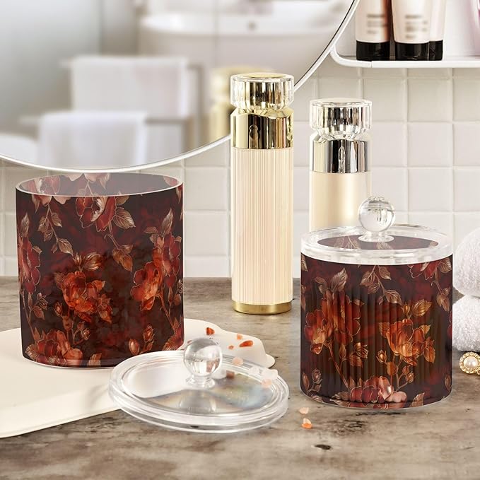 Reddish-brown Vintage Flowers Clear Plastic Makeup Organizer Storage with lid Pantry Essentials Decorative Dental floss storage jar for Cotton Swabs,Cotton Pads,Floss Picks,Paper Clips,Hair