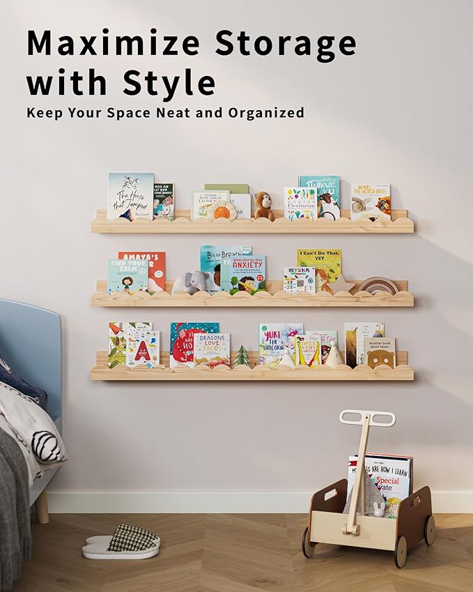 G&W Gruwald Nursery Book Shelves, Set of 3, Nursery Decor for Baby and Toddler, Scalloped Shelves, Book Shelf for Kids Rooms, Wall Book Shelf for Bedroom Kids (Wood, 36 Inches)