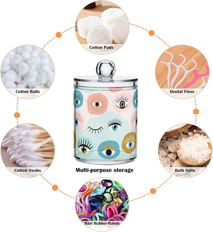 Colorful Evil Eye Bathroom Containers Holder with Lids Set Clear Jars 2 Pack Plastic Makeup Storage Organizer 4.13 x 2.75In for Pads Cotton Swabs Hair Clips