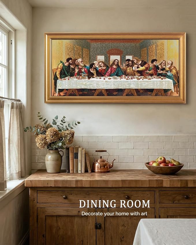 Bzstyleart Vintage Wall Art Decor for Living Room, Framed Large Christian Canvas Wall Art Prints for Prayer, Christian Artwork Jesus Painting, Religious Picture Home Decor, Last Supper, 20 x 40 Inch