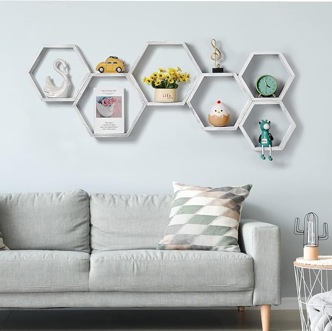 YBING Hexagon Floating Shelves Wall Mounted Set of 6 Honeycomb Shelves Wood Hexagonal Storage Hanging Shelves Farmhouse Wall Decor Floating Shelves for Bedroom Living Room Grey-White