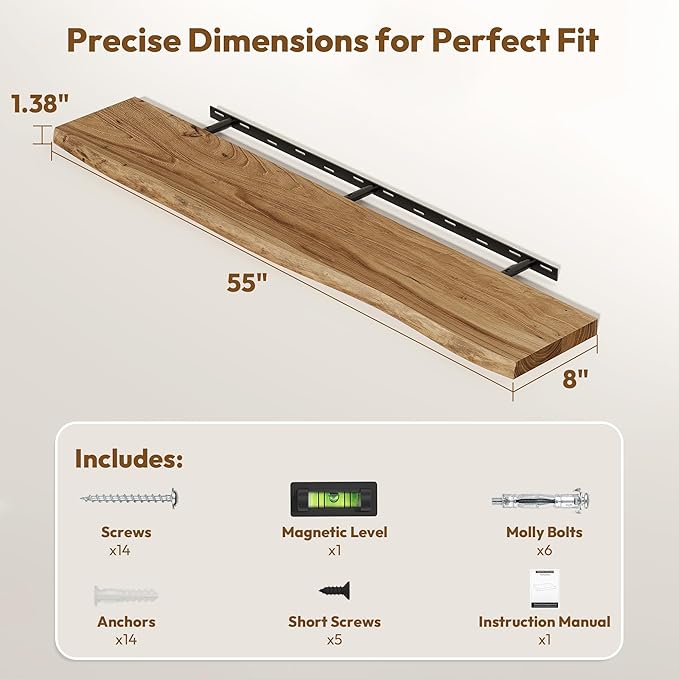 Vivelove 55 Inch Live Edge Floating Shelves Solid Wood, Elm Shelves for Wall with Invisible Bracket for Living Room Bedroom Bathroom Office Book, Rustic Farmhouse Wooden Shelf Set of 1- Natural