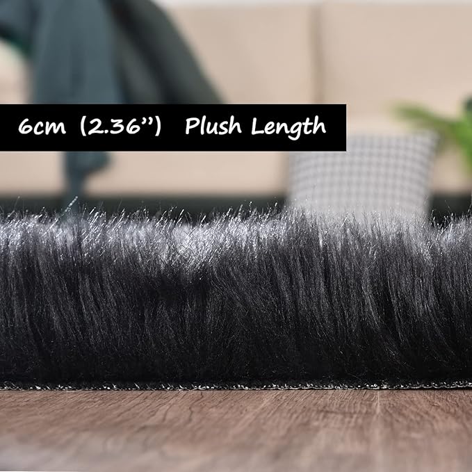 Goolela Black Round Rug 5ft Fluffy Fuzzy Sheepskin Carpet for Bedroom Living Room Black Circle Faux Fur Rug Shaggy Washable