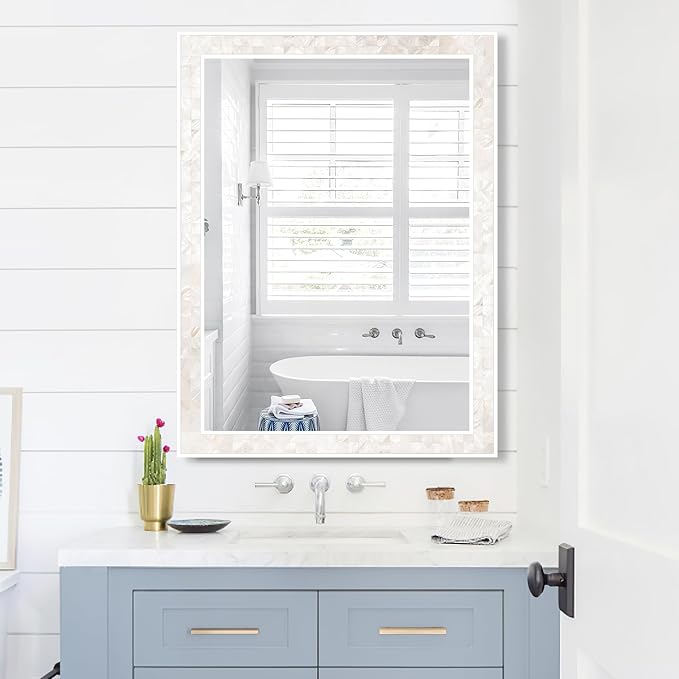 Tanmicoshomy White Shell Framed Rectangular Mirrors for Bathroom, 30x40 Inch Mirrors with Tempered Glass for Bedroom Living Room or Entryway, Wall Mounted Horizontal or Vertical Hanging