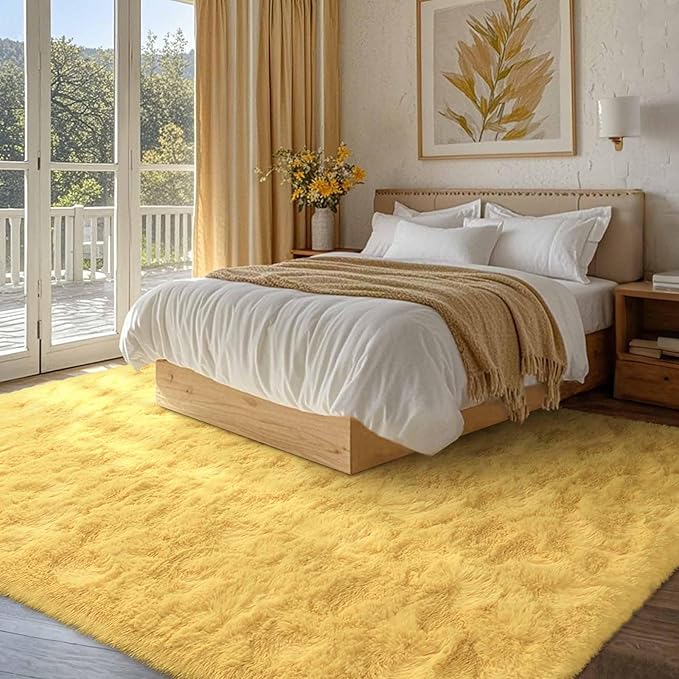 FinRèc 5x8 Feet Yellow Rugs for Living Room Bedroom, Soft Fluffy Shaggy Area Rug, Non-Slip Fuzzy Furry Shag Rug for Nursery Kids Room Dorm Room Home Decor, Indoor Plush Floor Carpet