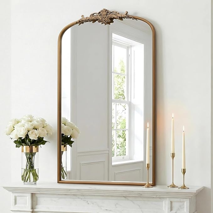 Besdomus Vintage Gold Arched Mirror: 24"x42" French Large Arch Gold Antique Vanity Wall Mounted Mirror - Traditional Ornate Metal Framed for Entryway/Fireplace/Bathroom - Idea for Homemakers