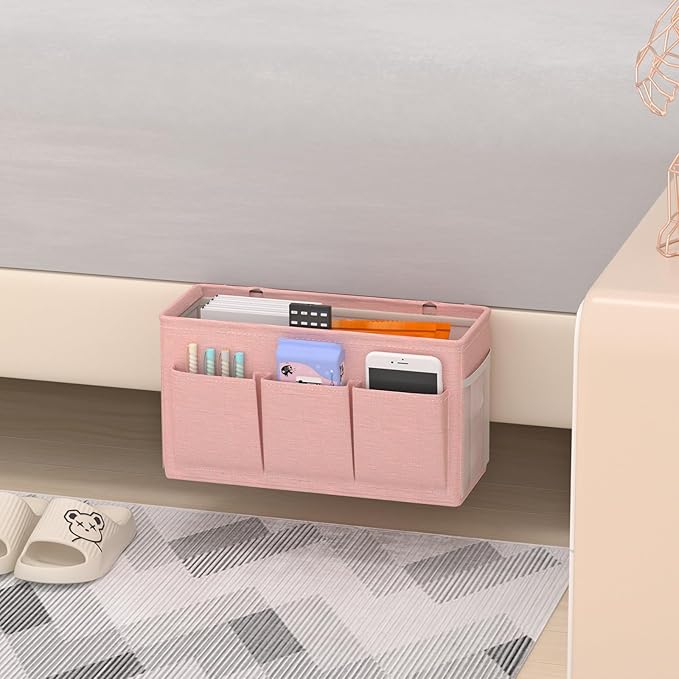 Edudif Dual-purpose Bedside Caddy Bedside Organizer, Bed Caddy with 6 Pockets, Versatile Bedside Storage Solution Magazine Remotes holder, ideal for Home, Dorm, Hospital, Crib Bed (Pink 2pcs)