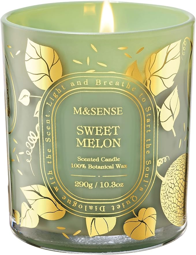 M&SENSE Fresh Melon Scented Candle, Natural Soy Candles Non Toxic Clean Burn, Air Purifying Relaxing Fresh Home Fragrance, 55 Hours Long Burning 10.3oz, Housewarming Gifts for Women