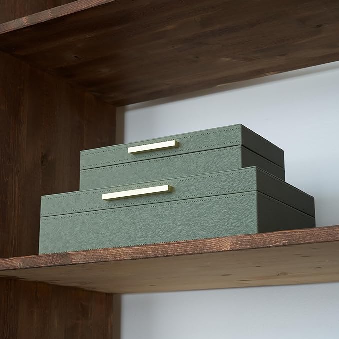 ZICOTO Decorative Storage Boxes with Lids – Set of 2 Beautiful PU Leather Organizer Bins for Your Bookshelf Home Decor - Safely Store Photos, Documents and Memory Box Keepsakes in Style