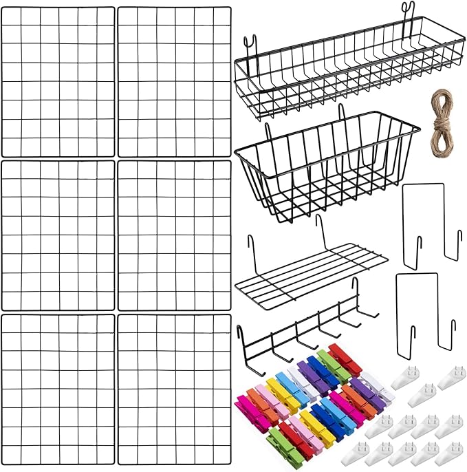 6 Pack 16 x 12 Inch Black Wall Grid Wire Panel with Accessories 1 Black Hanging Wire Basket, 1 Shelf, 1 Hook Rack, 2 Letter Sorter Shelf, 20 Clips, 12 Non Trace Nail, 2 Hemp Rope, Photo Home Decor