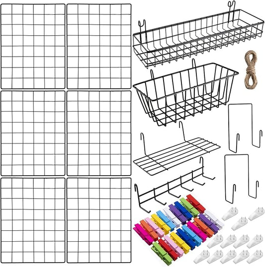 6 Pack 16 x 12 Inch Black Wall Grid Wire Panel with Accessories 1 Black Hanging Wire Basket, 1 Shelf, 1 Hook Rack, 2 Letter Sorter Shelf, 20 Clips, 12 Non Trace Nail, 2 Hemp Rope, Photo Home Decor
