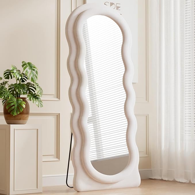 Dewfig Full Length Mirror, 63" x 24"Irregular Wavy Mirror, Large Floor Length Mirrors Wall Mounted, Standing Wavy Mirrors with Flannel Wrapped Wooden Frame for Bedroom/Living Room, White