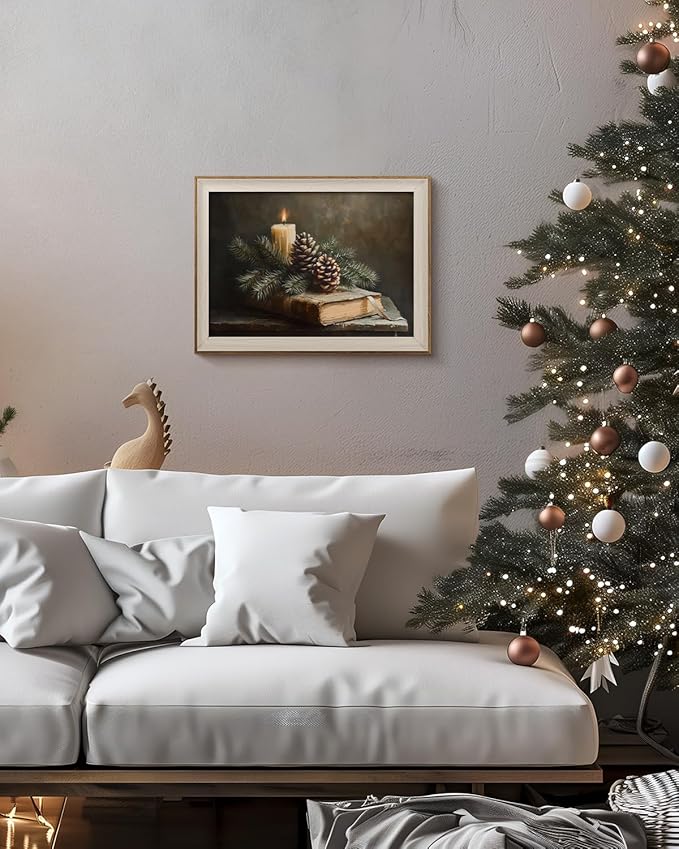 VIYYIEA Winter Framed Wall Art for Living Room, Books and Pinecones Canvas Prints, Oil Painting Home Decor, Christmas Picture, Bathroom Wall Decor Gifts for Friends or Family - 16L x 12W