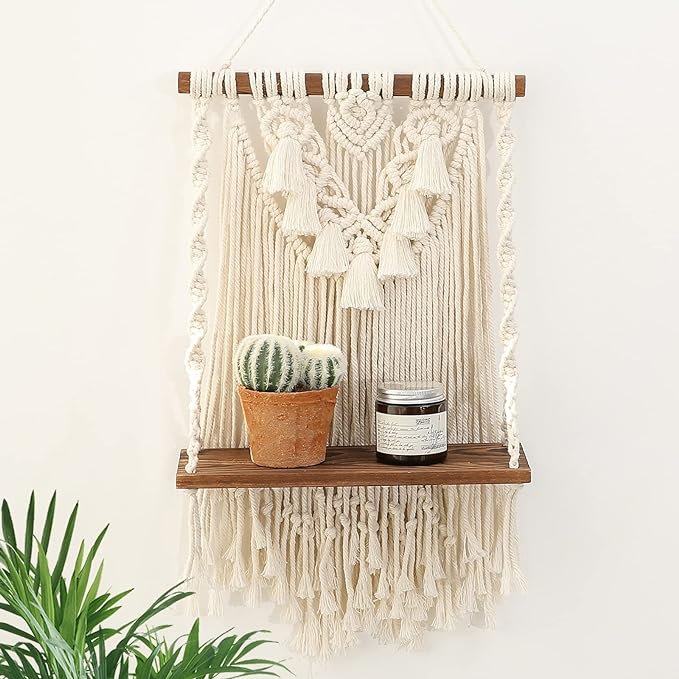 ANROYE Single Tier Macrame Boho Wall Hanging Shelf, Handmade Bohemian Wooden Woven Plants Floating Shelves Decor, Mini Chic Organizer for Bathroom Bedroom Western Home Nursery Storage Gift